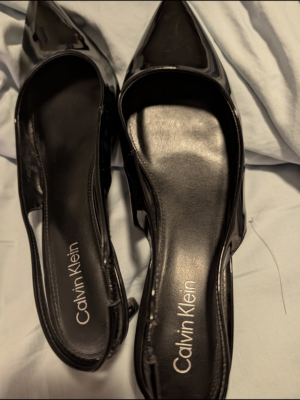 Calvin Klein Black Patent Pointed Slingback Kitten Heels
